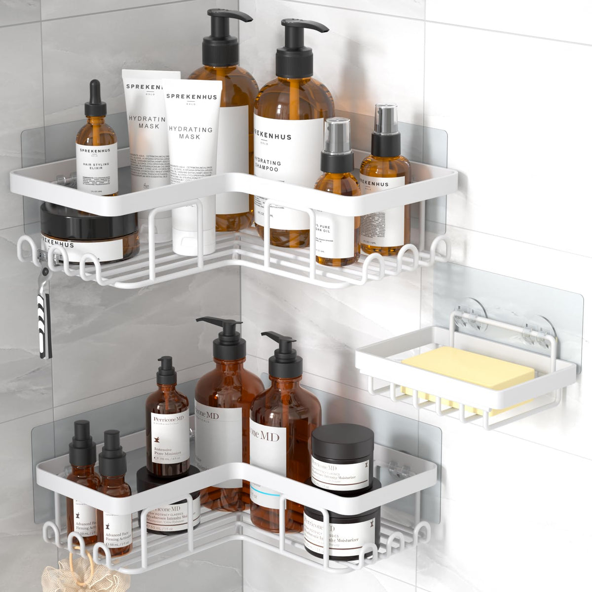 YASONIC Corner Adhesive Shower Caddy, with Soap Holder and 12 Hooks, Rustproof Stainless Steel Bathroom Organizer, No Drilling Wall Mounted Rack, Black, 3-Pack