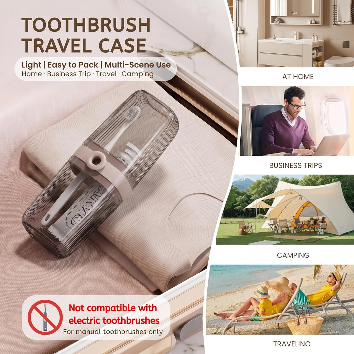 Topavatop Toothbrush Travel Case, 2 in 1 Toothbrush Holder and Rinse Cup, Large Capacity Toothbrush Cup with Cover, Portable Travel Toothbrush Holder for Traveling, Camping, Trip - 1Pcs - Beige&Clear