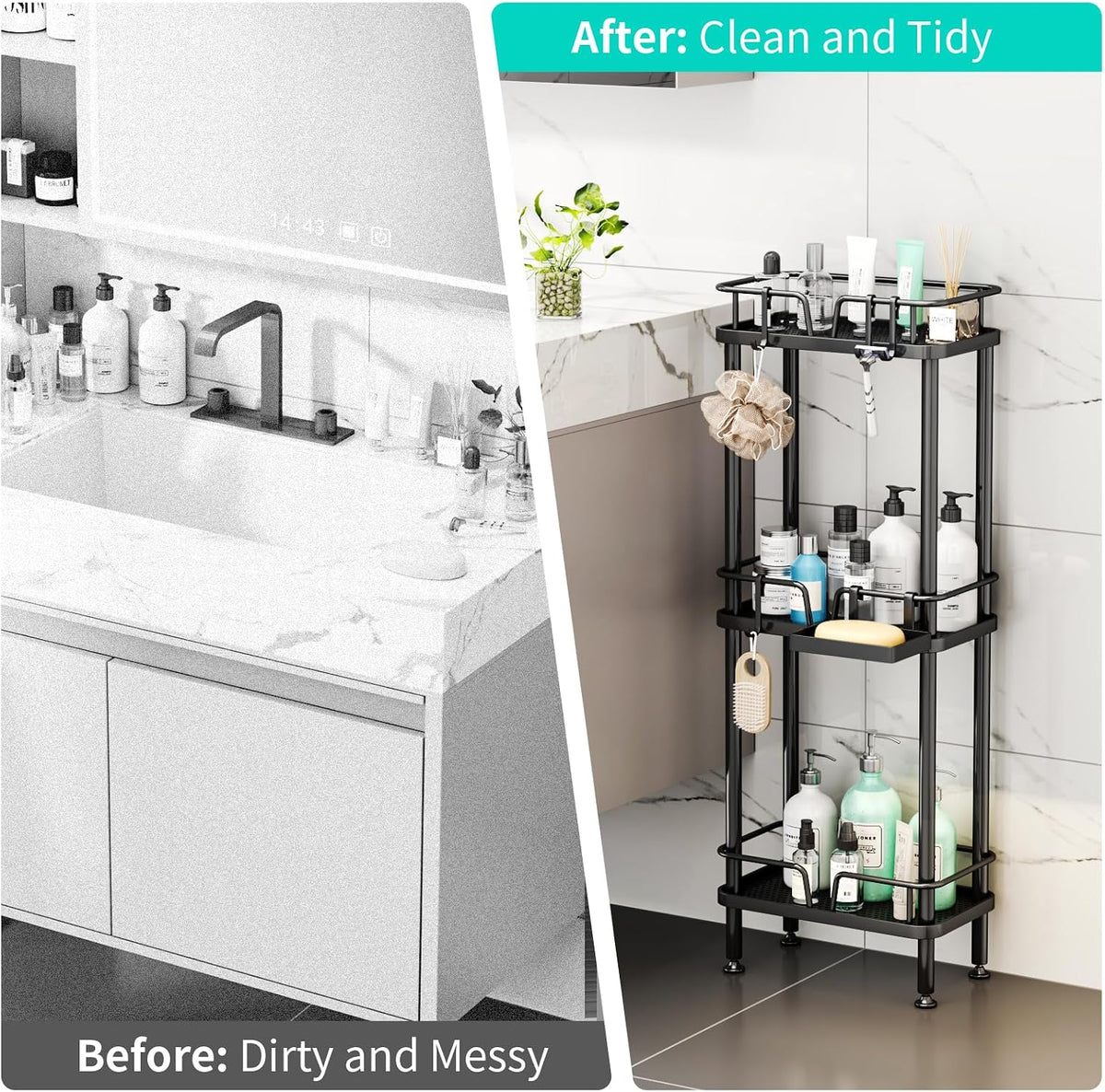 HapiRm Standing Corner Shower Caddy - 3 Tier Corner Shower Organizer with Soap Holder, Rustproof Stainless Steel Bathroom Shelf with 4 Hooks, Black