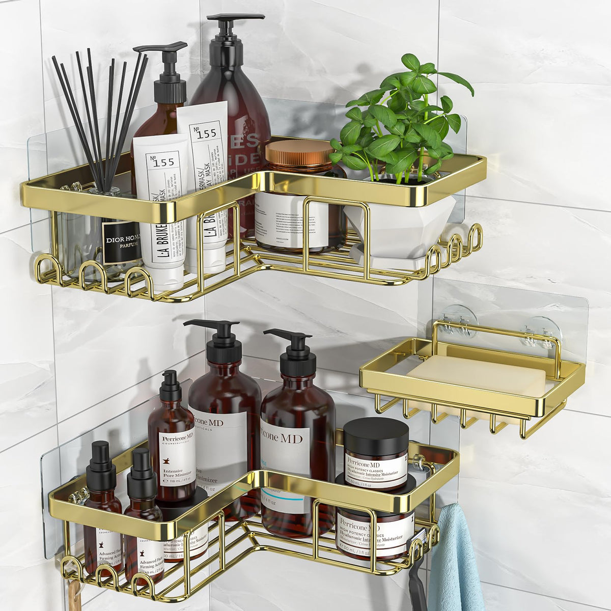 YASONIC Corner Adhesive Shower Caddy, with Soap Holder and 12 Hooks, Rustproof Stainless Steel Bathroom Organizer, No Drilling Wall Mounted Rack, Black, 3-Pack