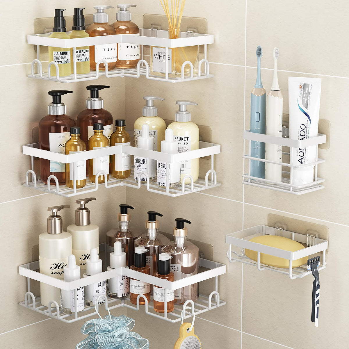 Liuoud Corner Shower Caddy 5 Pack Adhesive Stainless Steel Organizer Black