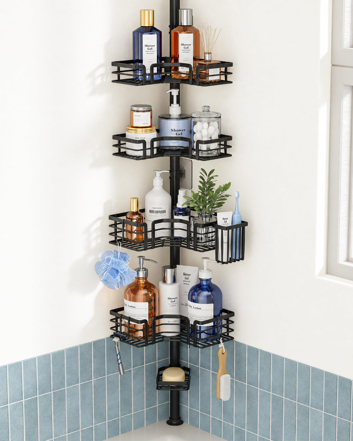 SWTYMIKI Shower Caddy Tension Pole - 4-Tier Corner Shower Organizer Tension Rod with Soap Holder, Toothbrush Holder & 4 Hooks, Adjustable Stainless Steel Bathroom Organizer 27.6 to 108.3 inch, Black