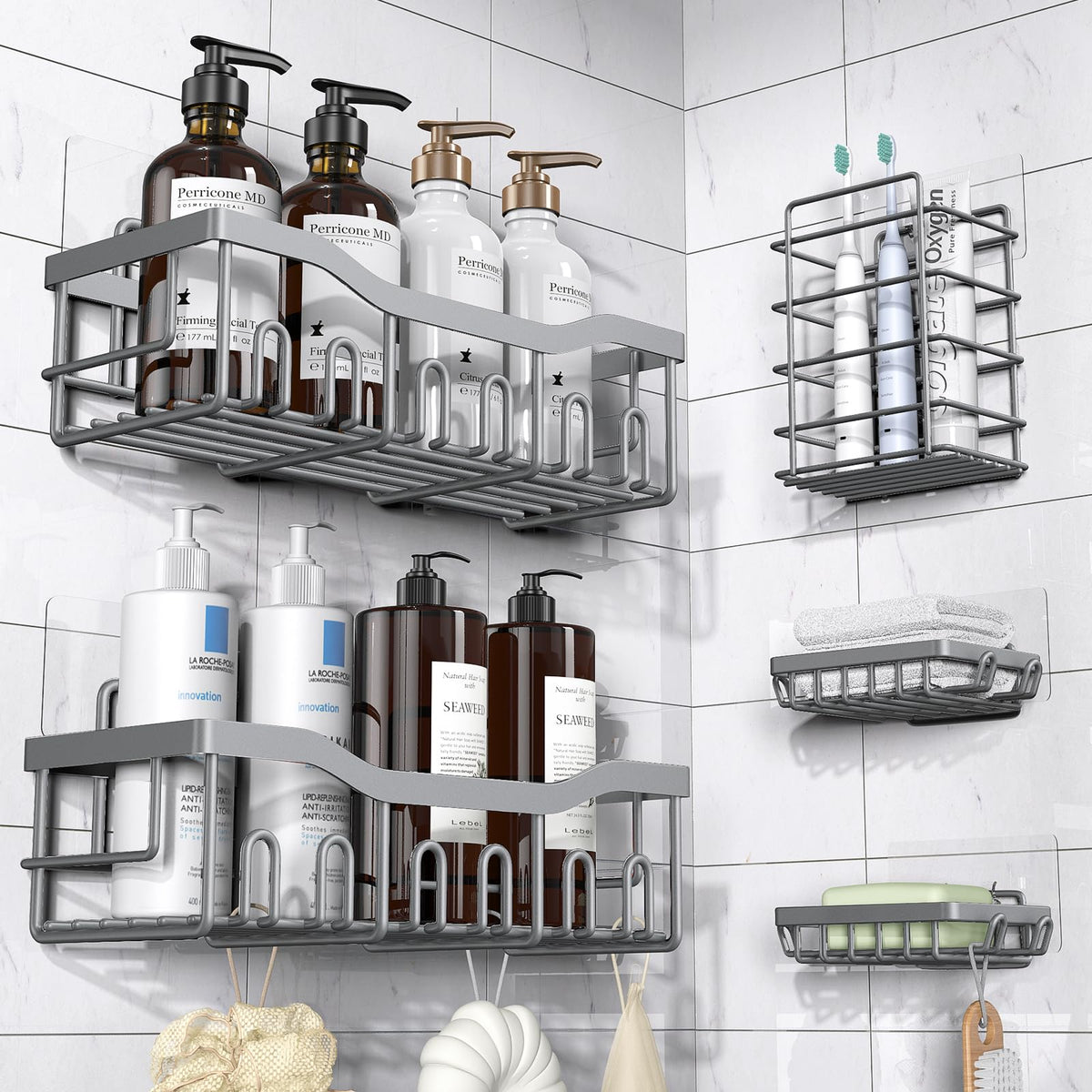EUDELE Adhesive Shower Caddy, 5 Pack Rustproof Stainless Steel Bath Organizers With Large Capacity, No Drilling Shelves for Bathroom Storage & Home Decor