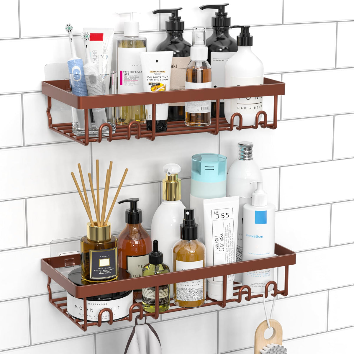 Moforoco Shower Caddy Shelf Organizer Rack, Self Adhesive Black Bathroom Shelves Basket, Home Farmhouse Wall Inside Organization and Storage Decor Rv Accessories, First Camper Apartment Essentials