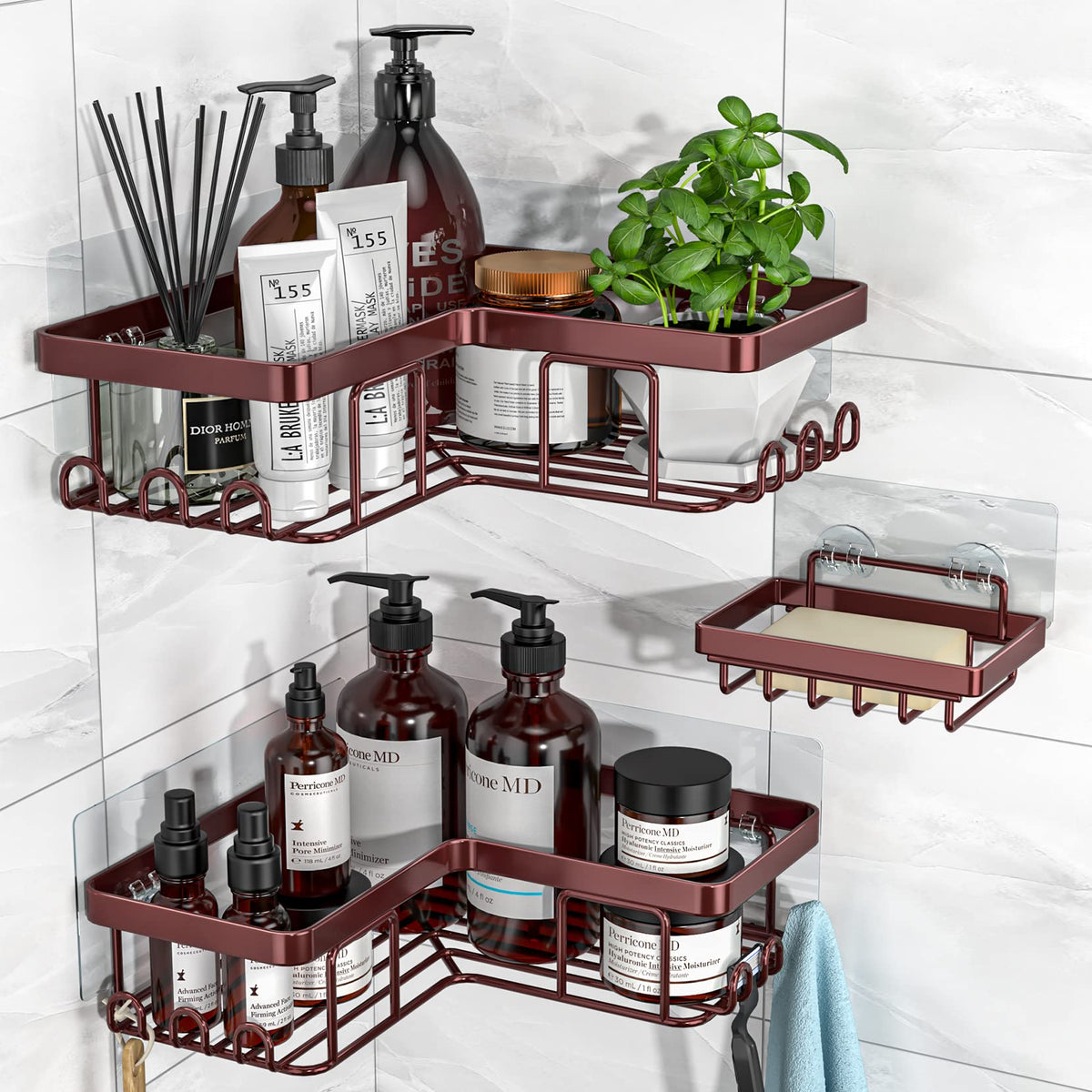 YASONIC Corner Adhesive Shower Caddy, with Soap Holder and 12 Hooks, Rustproof Stainless Steel Bathroom Organizer, No Drilling Wall Mounted Rack, Black, 3-Pack
