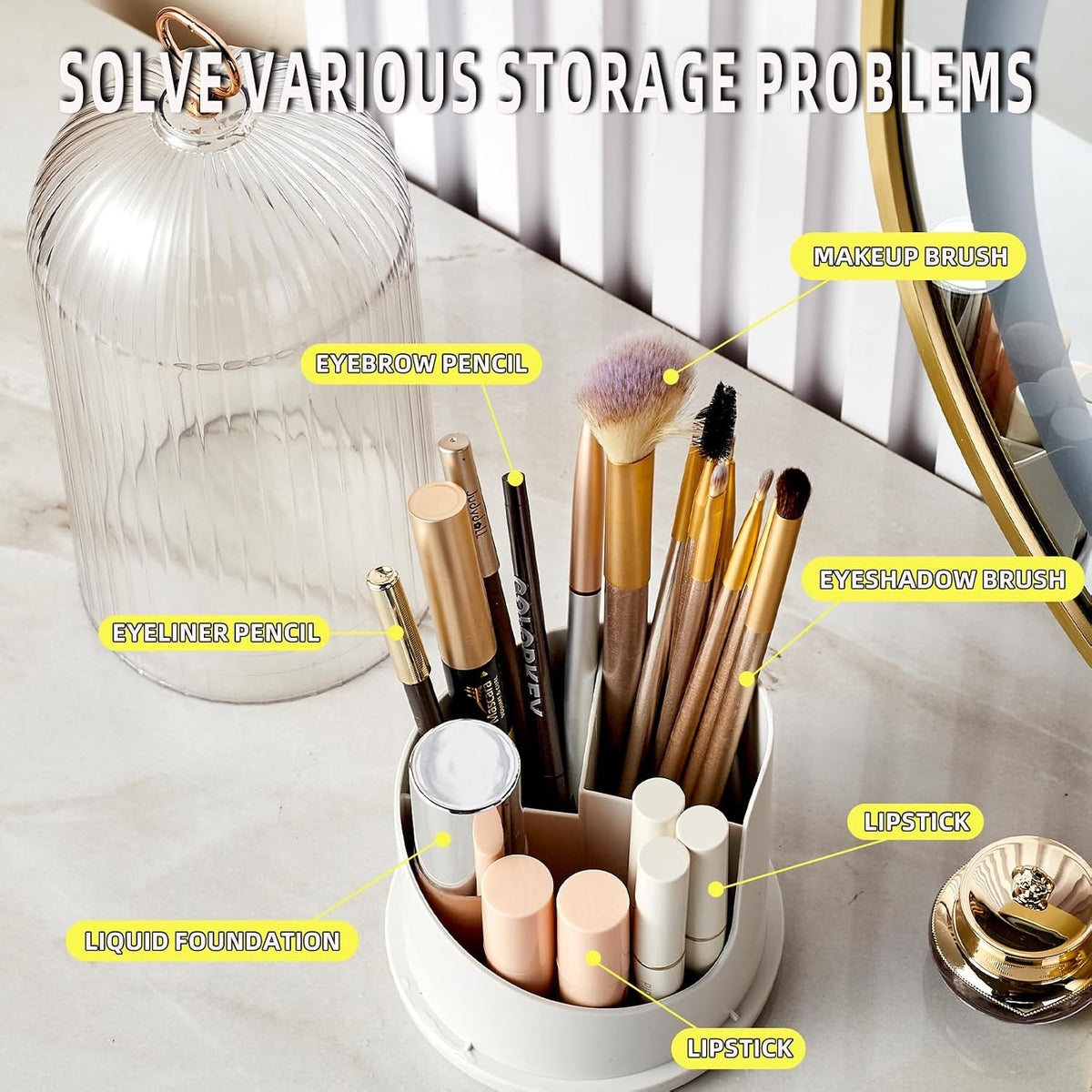 Rotate Toothbrush Holder with Cover, Transparent PC Cosmetic Makeup Organizer, Countertop Vanity Storage Caddy, Dustproof Enclosed Box for Toothbrush, Toothpaste & Toiletries
