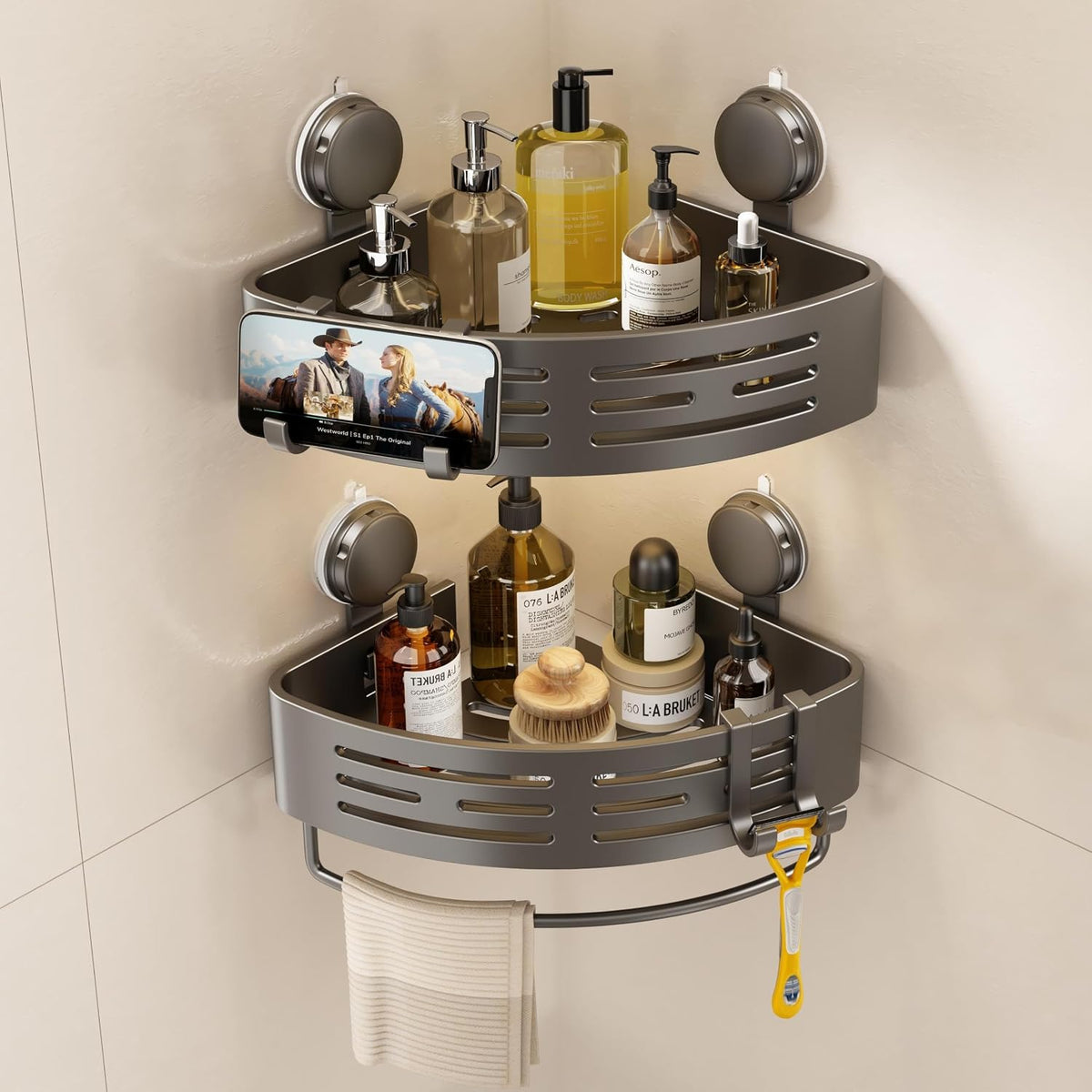VOLPONE Corner Shower Caddy Suction Cup Shower Shelf Corner No Drilling Bathroom Shower Organizer Storage Rack Adhesive with Towel Bar Hooks (2-Pack,Gray)