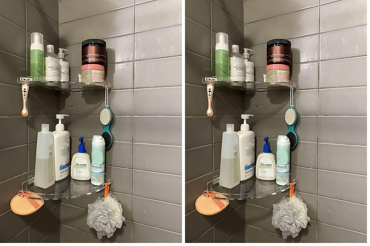 JiePai Adhesive Acrylic Corner Shower Caddy 2 Pack, Rustproof Bath Shelf