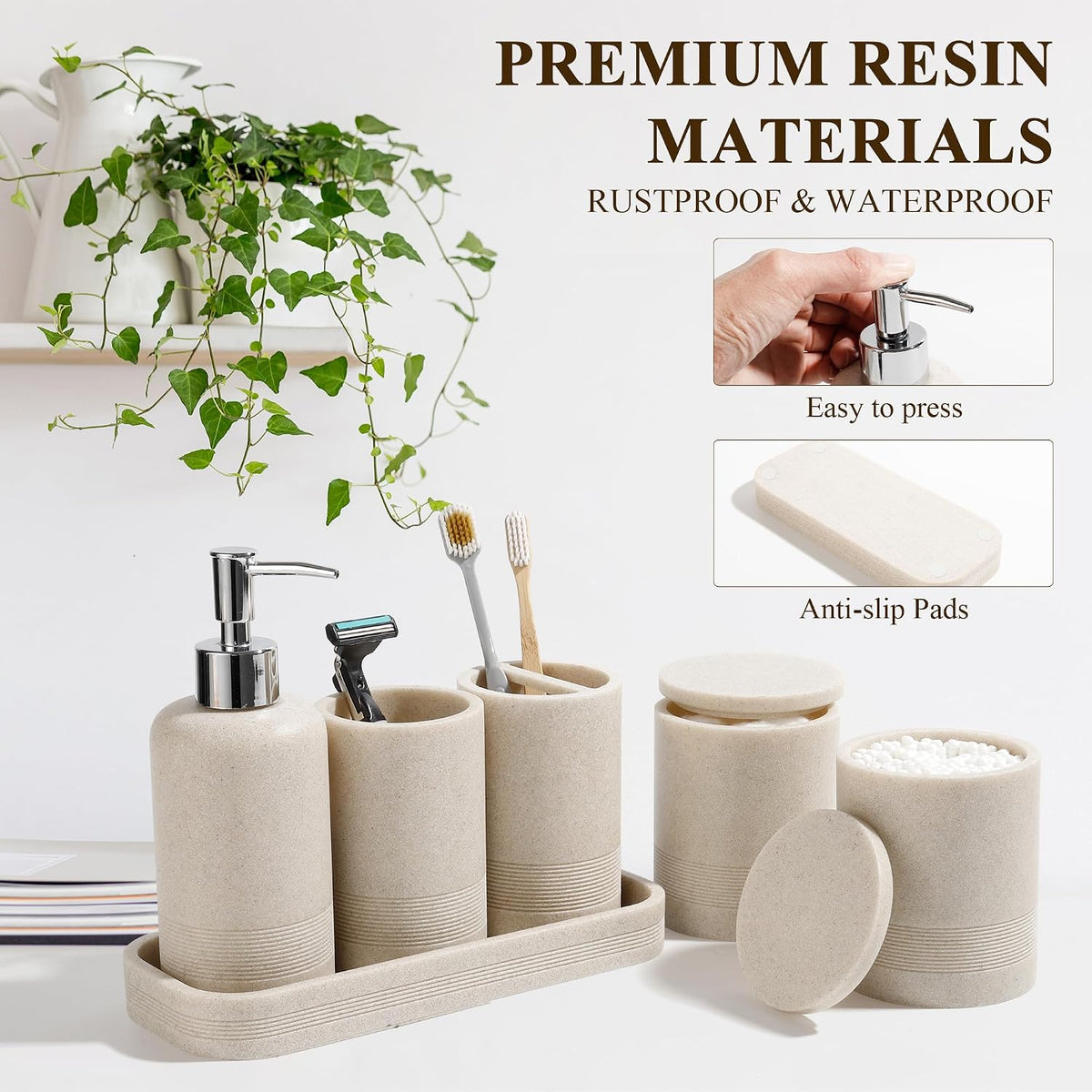 Bathroom Accessories Set, 6-Piece Bathroom Accessory Set, Toothbrush Holders Set, Soap Dispenser, Vanity Tray, Tumbler, Cotton Swab Jars, Bathroom Organizer for Modern Bathrooms(Beige)