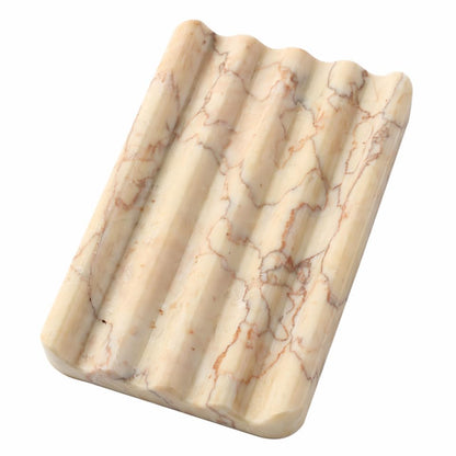 Koville African Natural Marble Soap Dish for Shower, Stone Soap Tray for Bathroom, Bar Soap Holder for Sink, Stripe Grooves Soap Saver Stone Dish Keep Bars Dry Easy Clean (Namib Bianco)