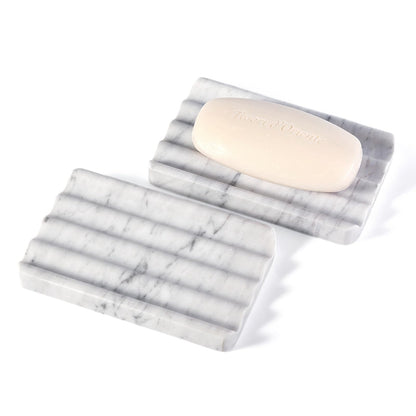 2PCS Koville Italian Natural Marble Soap Dish for Shower, Multi-Color Stone Soap Tray for Bathroom, Bar Soap Holder for Sink, Stripe Grooves Soap Saver Sponge Holder (White/Brown Random)