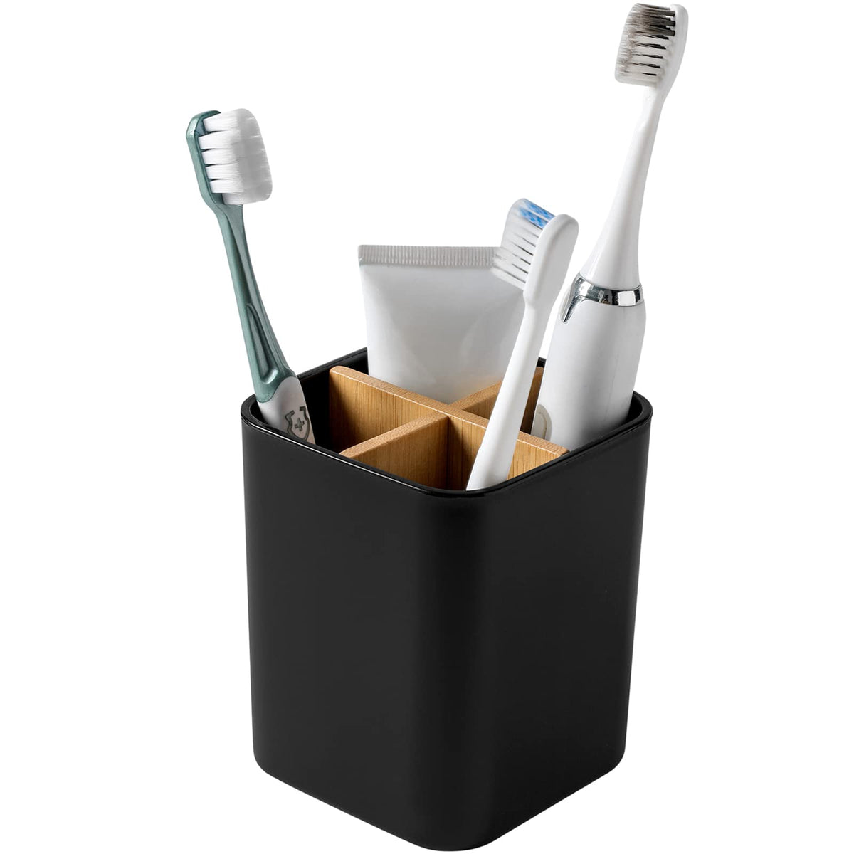 Bamboo Toothbrush Holder for Bathrooms Toothpaste Organizer - Black