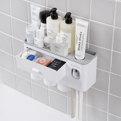 HubiCare Toothbrush Holder with Toothpaste Dispenser Wall Mounted for Bathroom, Automatic Toothpaste Squeezer, Bathroom Organization and Storage, 5 Toothbrush Slots (3 Cups)