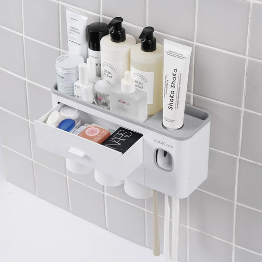 HubiCare Toothbrush Holder with Toothpaste Dispenser Wall Mounted for Bathroom, Automatic Toothpaste Squeezer, Bathroom Organization and Storage, 5 Toothbrush Slots (3 Cups)