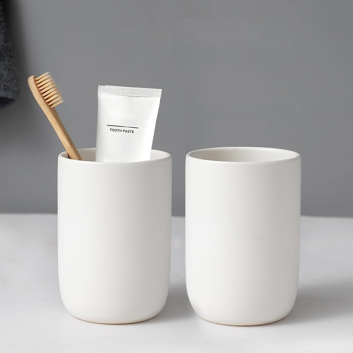 Toothbrush Holders for Bathrooms - 2 Cups Ceramic Toothbrush Toothpaste Holders Set, White Bathroom Tumbler Cups Reusable Toothbrush Mouthwash Cup, Bathroom Counter Organizer