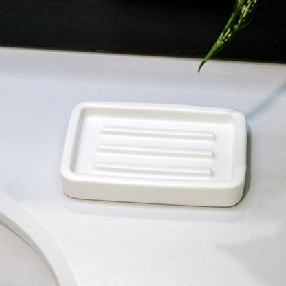 Matte Ceramic Soap Dish with Raised Ridges, Rectangle Bar Soap Holder for Bathroom Counter, Shower and Kitchen Sink, White