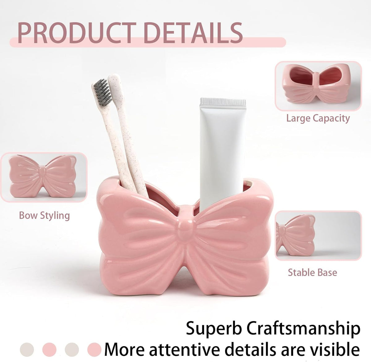 Pink Bow Ceramic Toothbrush Holder,Sweet Girly Gift Bathroom Decor