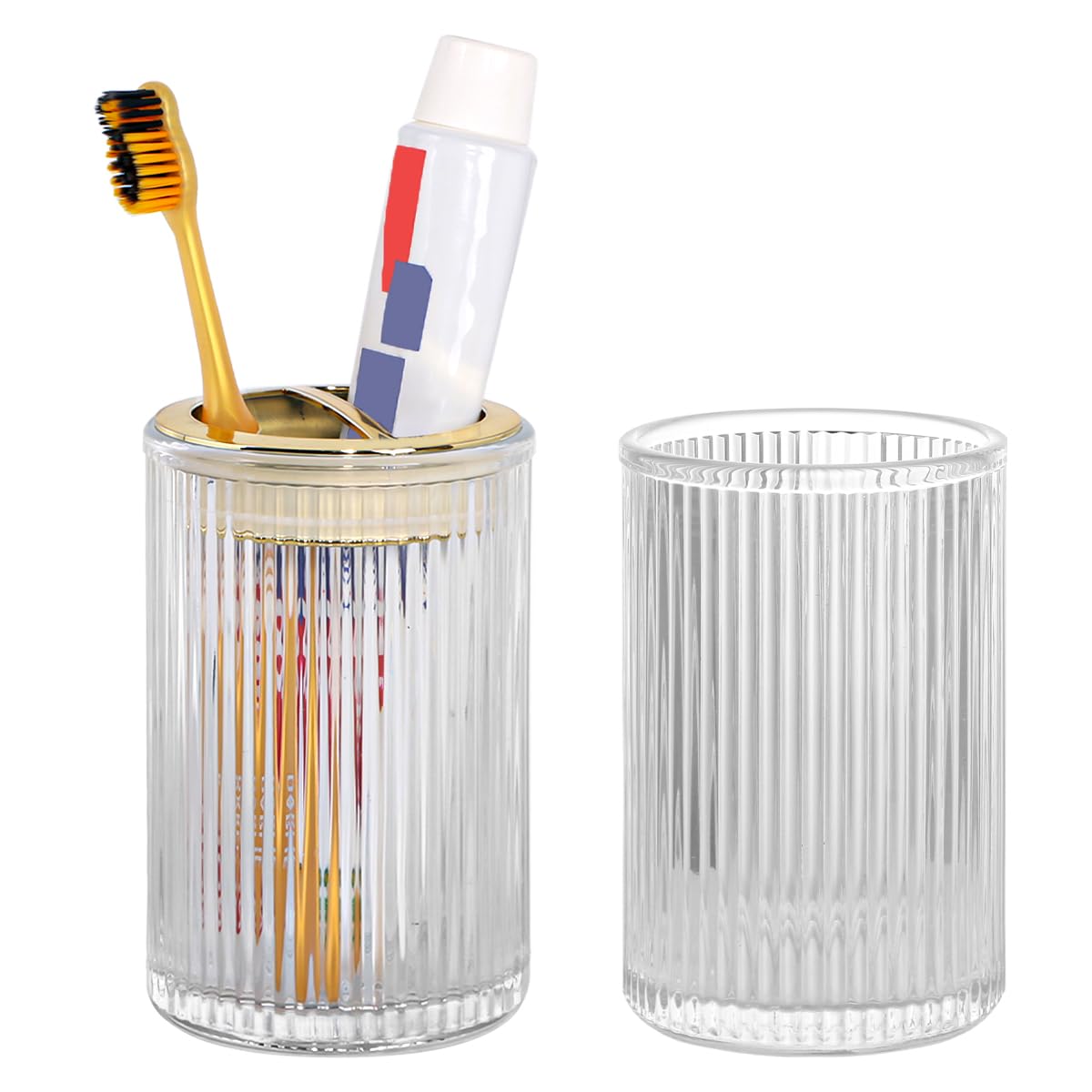Toothbrush Holders for Bathrooms, 2pcs Glass Toothbrush Holder, 12oz Bathroom Tumbler and Mouthwash Cup, Tooth Brush and Toothpaste Organizer for Bathroom Vanity Countertop (Green Gold)