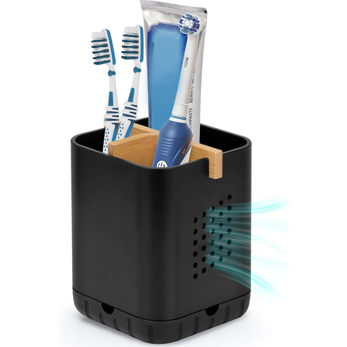 Boperzi Black Toothbrush Holders for Bathroom, Electric Toothbrush Holder with Bamboo Divider, Detachable Anti-Slip Toothbrush and Razor Holder Drainage for Shower, Toothbrush Organizer and Storage