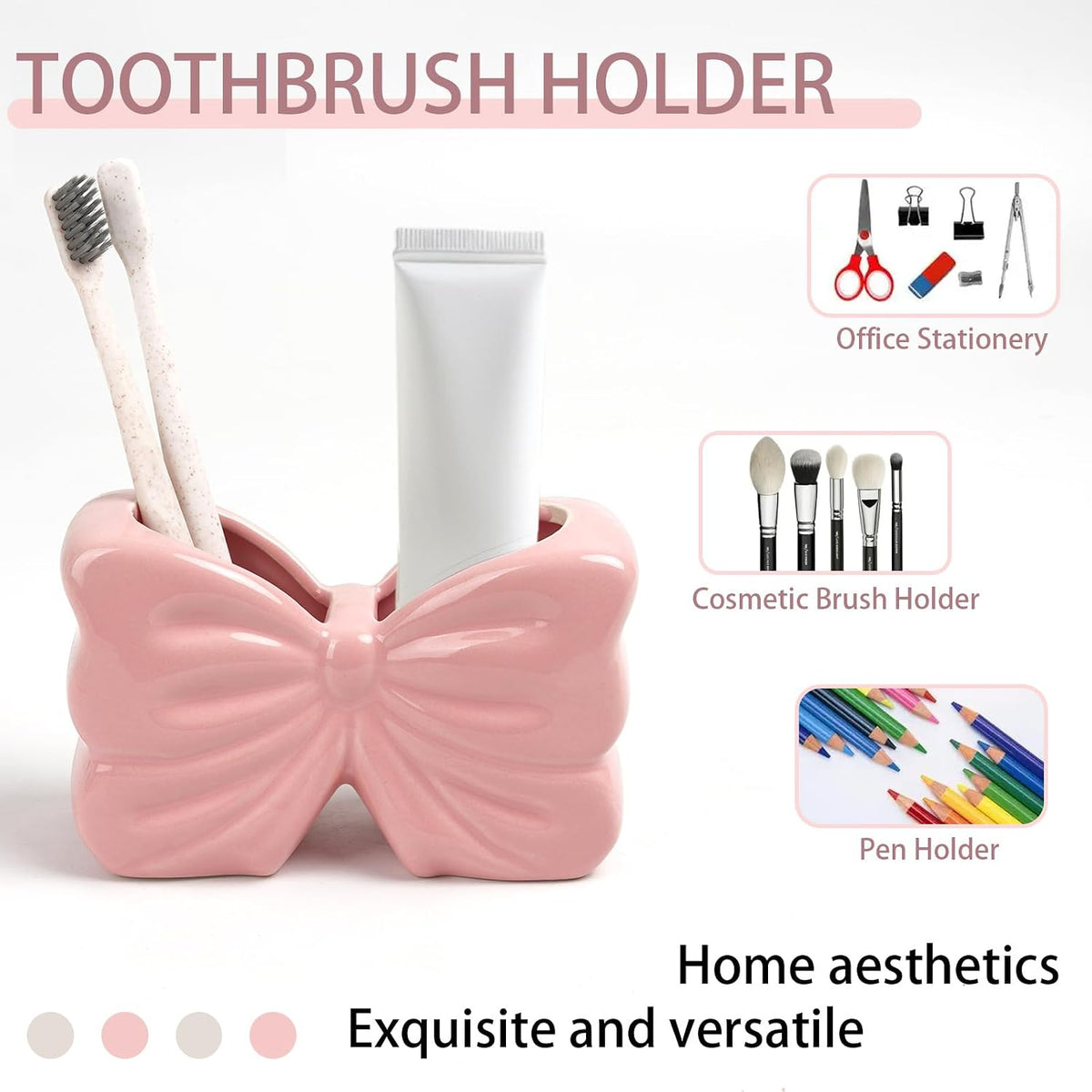Pink Bow Ceramic Toothbrush Holder,Sweet Girly Gift Bathroom Decor