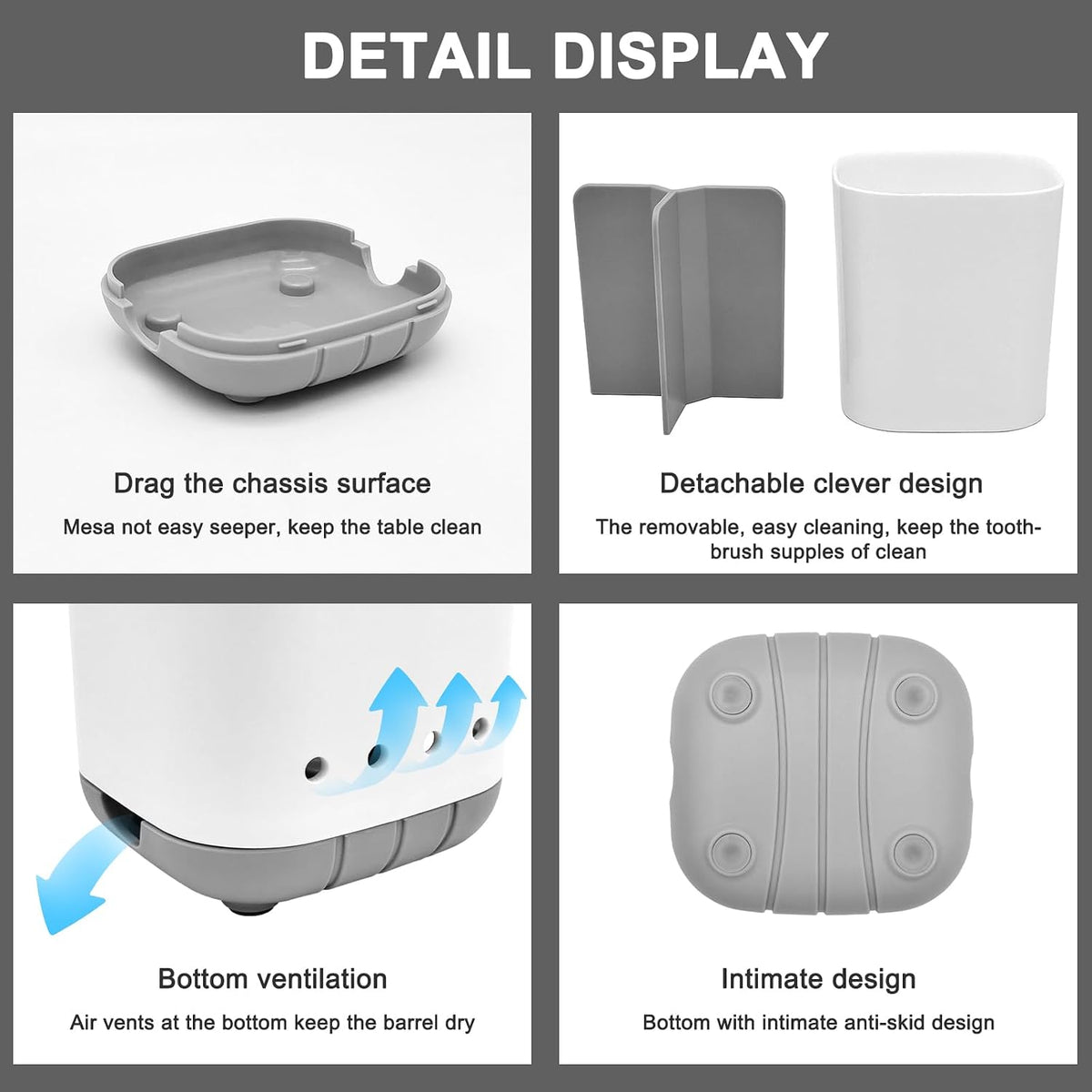 Toothbrush Holder for Bathroom,Plastic Detachable for Easy Cleaning Multi-Functional Storage,3 Slots Anti-Slip Electric Toothbrush and Toothpaste Organizer Caddy for Bathroom Vanity,Countertop (Grey)