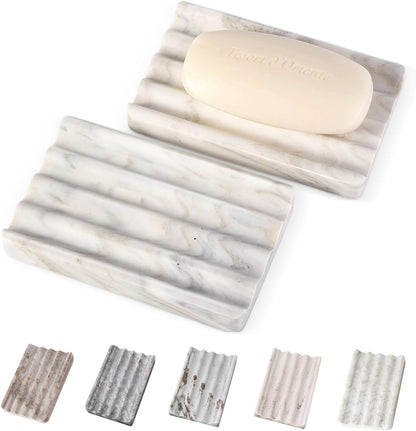2PCS Koville Italian Natural Marble Soap Dish for Shower, Multi-Color Stone Soap Tray for Bathroom, Bar Soap Holder for Sink, Stripe Grooves Soap Saver Sponge Holder (White/Brown Random)