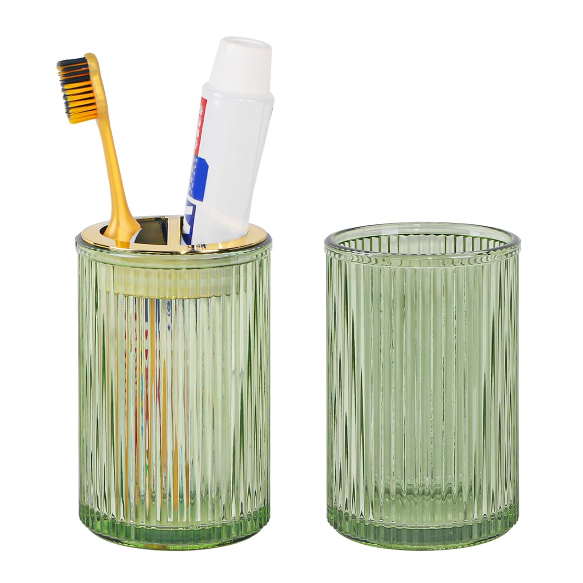 Toothbrush Holders for Bathrooms, 2pcs Glass Toothbrush Holder, 12oz Bathroom Tumbler and Mouthwash Cup, Tooth Brush and Toothpaste Organizer for Bathroom Vanity Countertop (Green Gold)