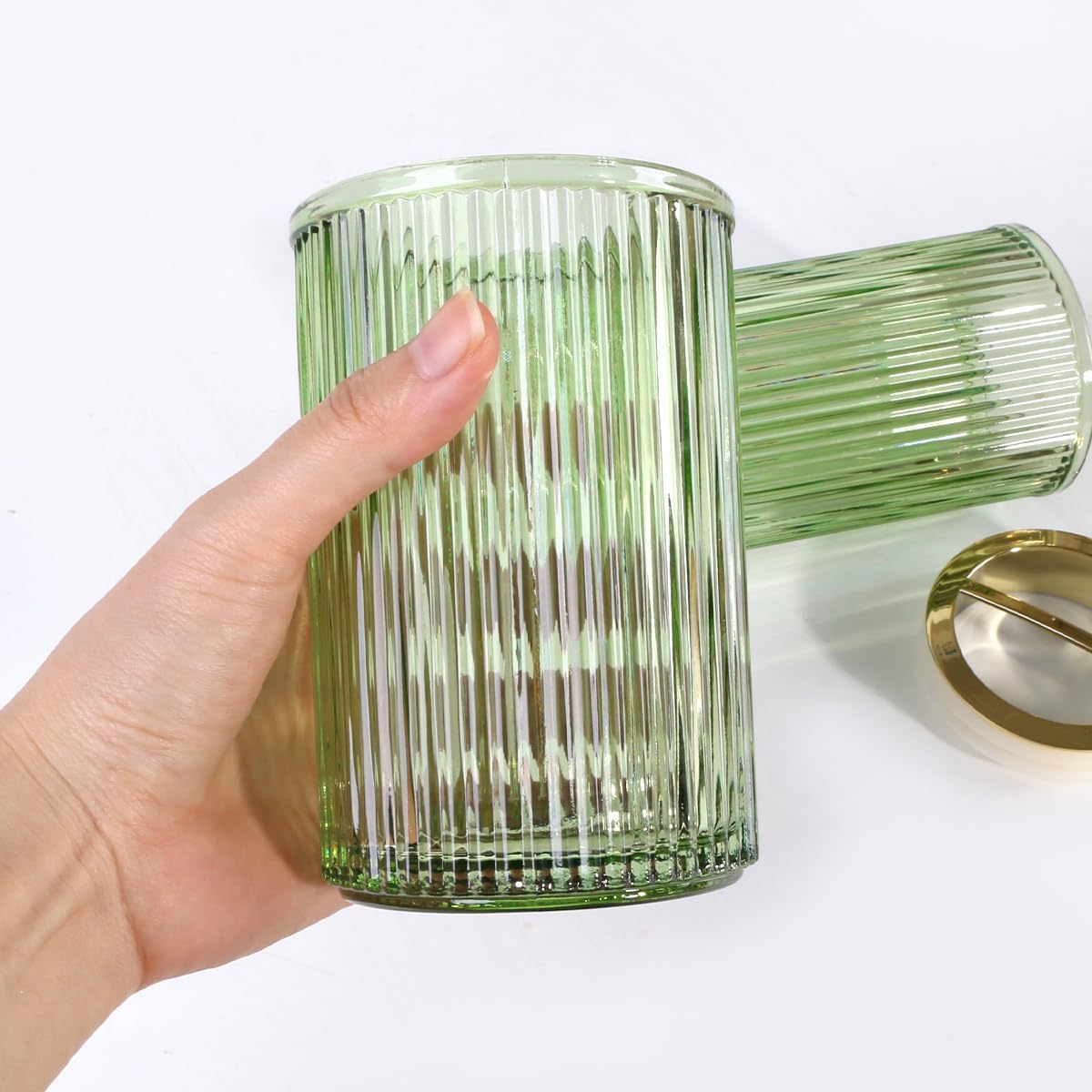 Toothbrush Holders for Bathrooms, 2pcs Glass Toothbrush Holder, 12oz Bathroom Tumbler and Mouthwash Cup, Tooth Brush and Toothpaste Organizer for Bathroom Vanity Countertop (Green Gold)