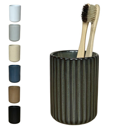 Stoneware Toothbrush Holder for Bathroom Tooth Brush Holder for Bathroom Toothbrush Cup Toothbrush Holders Cute Fluted Vertical Ribbed Stripe (Rustic Brown)