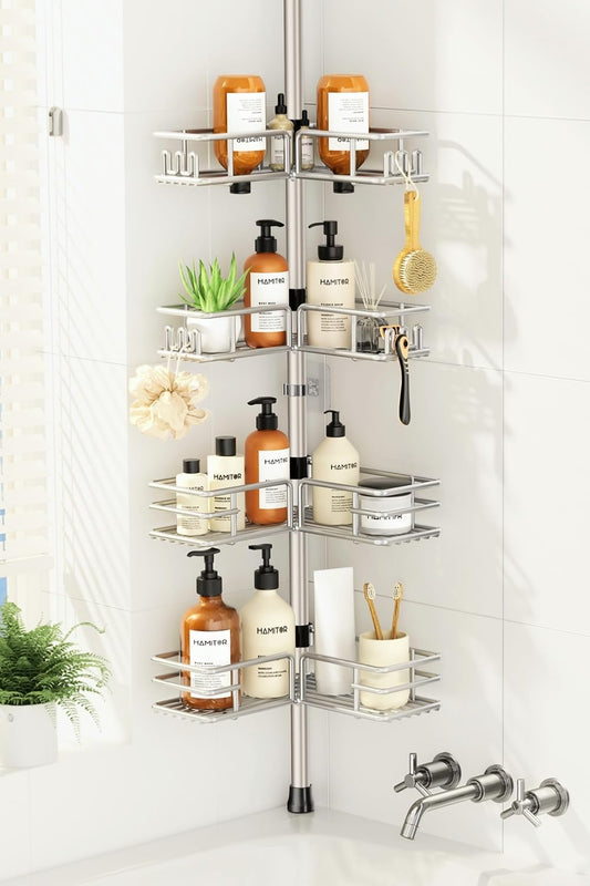 HAMITOR Shower Caddy Tension Pole, 4-Tier No Drill Corner Shower Organizer