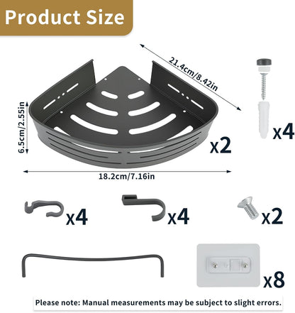 Adhesive Corner Shower Caddy with Hooks, Bathroom Shower Organizer, No Drilling Rust Proof Stainless Steel Shower Shelf for Inside Shower, Grey, 2 Pack