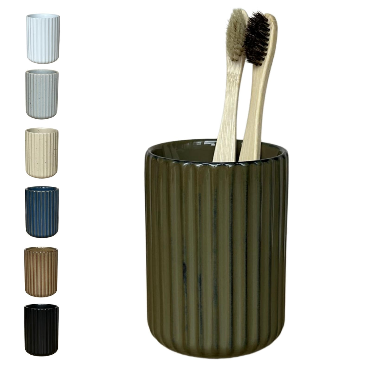 Stoneware Toothbrush Holder for Bathroom Tooth Brush Holder for Bathroom Toothbrush Cup Toothbrush Holders Cute Fluted Vertical Ribbed Stripe (Rustic Brown)