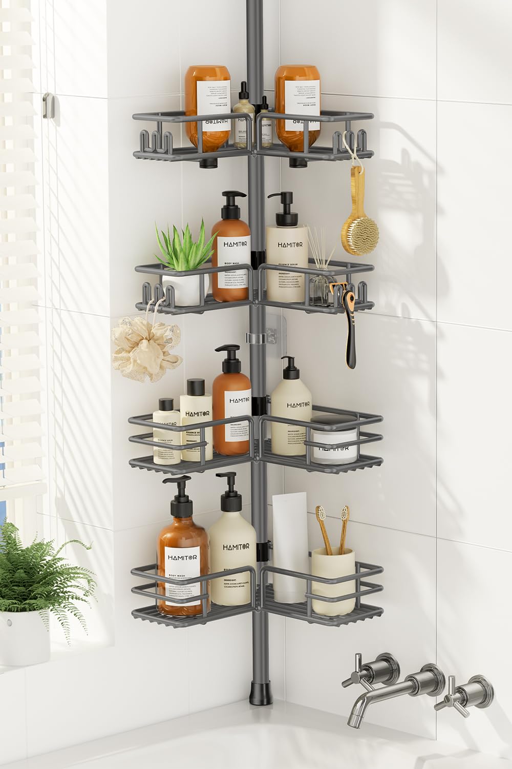 HAMITOR Shower Caddy Tension Pole, 4-Tier No Drill Corner Shower Organizer