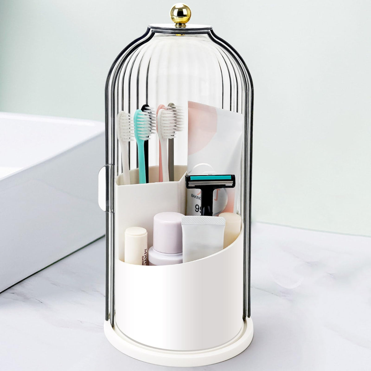 QIYVLOS Toothbrush Holders with Sliding Lid, Rotating 3 Slots Bathroom Organizer Countertop, Tooth Brush Toothpaste Holder Bathroom Counter Stand Sink Organizer Caddy for Vanity Makeup Brushes Holder