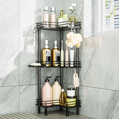 Consumest Corner Shower Caddy Standing - 3-Tier Stainless Steel Shower Organizer with Soap Holder and 4 Hooks, Large Capacity Corner Shelf Stand for Bathroom, Rest Room, Black