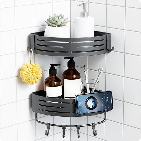 Adhesive Corner Shower Caddy with Hooks, Bathroom Shower Organizer, No Drilling Rust Proof Stainless Steel Shower Shelf for Inside Shower, Grey, 2 Pack