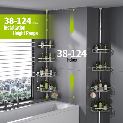 LAMU Corner Shower Caddy Tension Pole, 4-Tier Stainless Steel Organizer