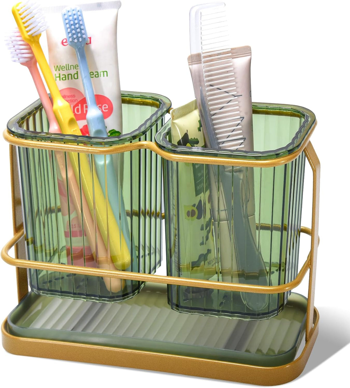 KONE Green Toothbrush Holders for Bathrooms, 2 Cups Toothbrush Holders Wall Mounted, Dry & Wet Separation, Bathroom Organizers and Storage, Bathroom Toothbrush Holder Set for Family Kids