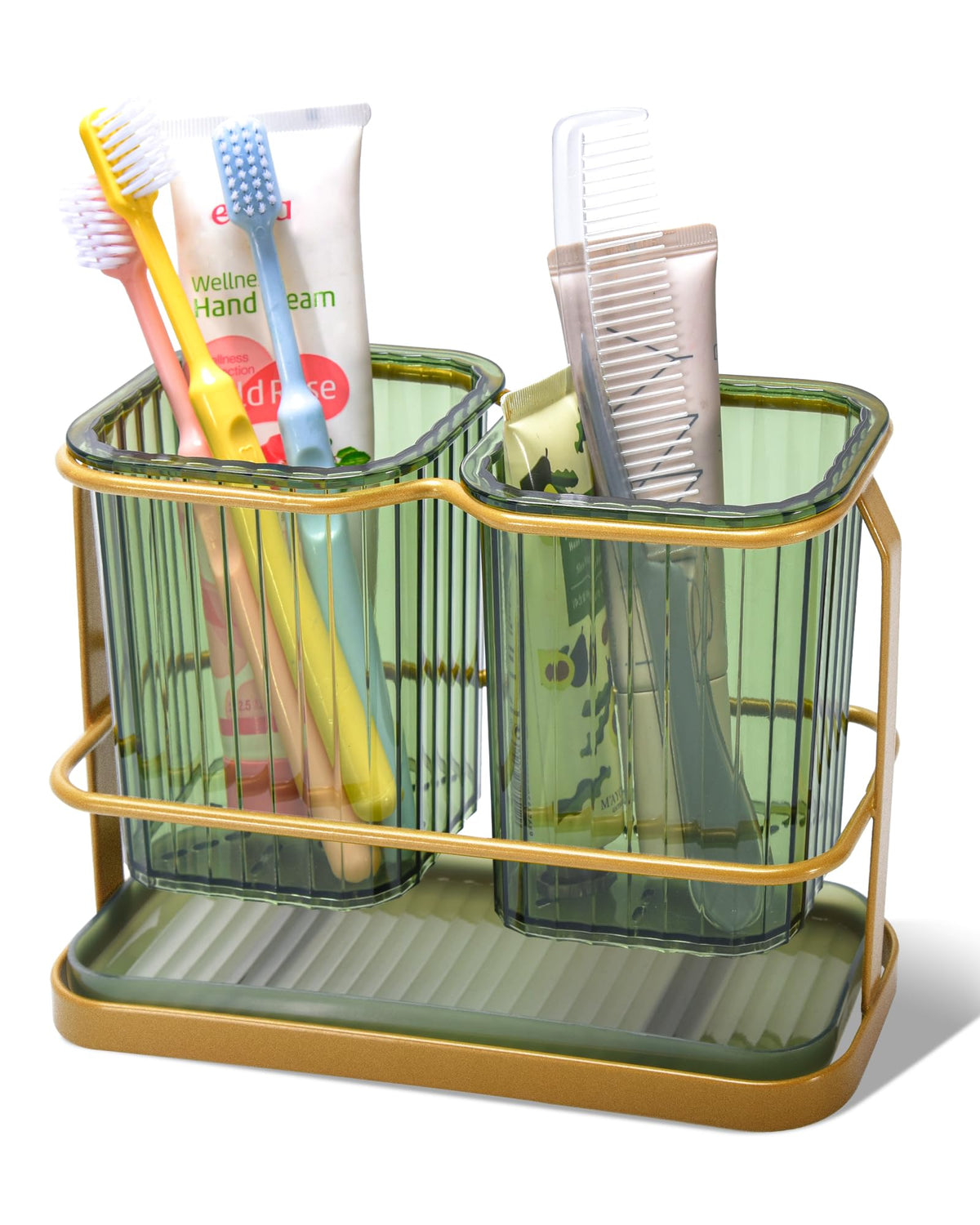 KONE Green Toothbrush Holders for Bathrooms, 2 Cups Toothbrush Holders Wall Mounted, Dry & Wet Separation, Bathroom Organizers and Storage, Bathroom Toothbrush Holder Set for Family Kids