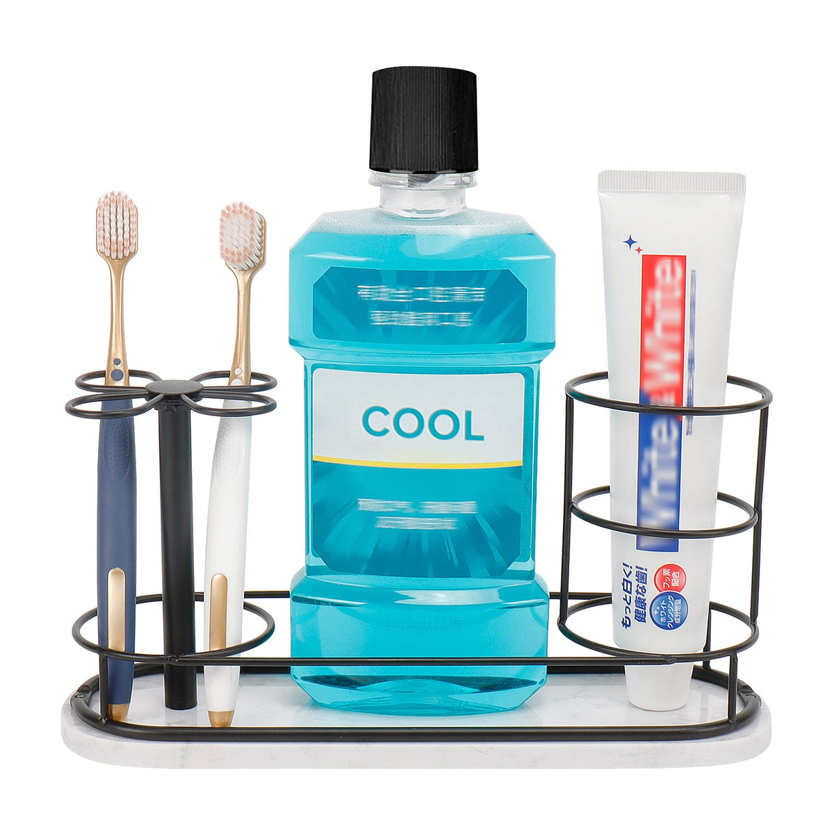 Toothbrush Holder Stand for Bathroom, Metal Toothbrush Organizer with Marble Base, Toothbrush Storage Collection for Family, Suitable for Home Hotel Countertop Vanity (Small, Matte Black)