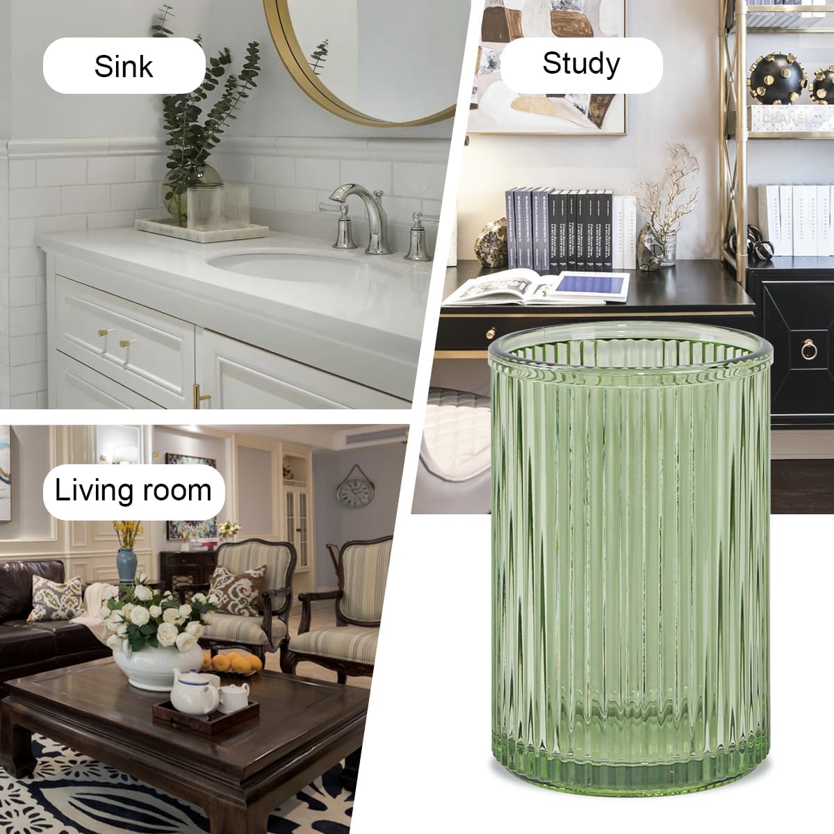 Toothbrush Holders for Bathrooms, 2pcs Glass Toothbrush Holder, 12oz Bathroom Tumbler and Mouthwash Cup, Tooth Brush and Toothpaste Organizer for Bathroom Vanity Countertop (Green Gold)