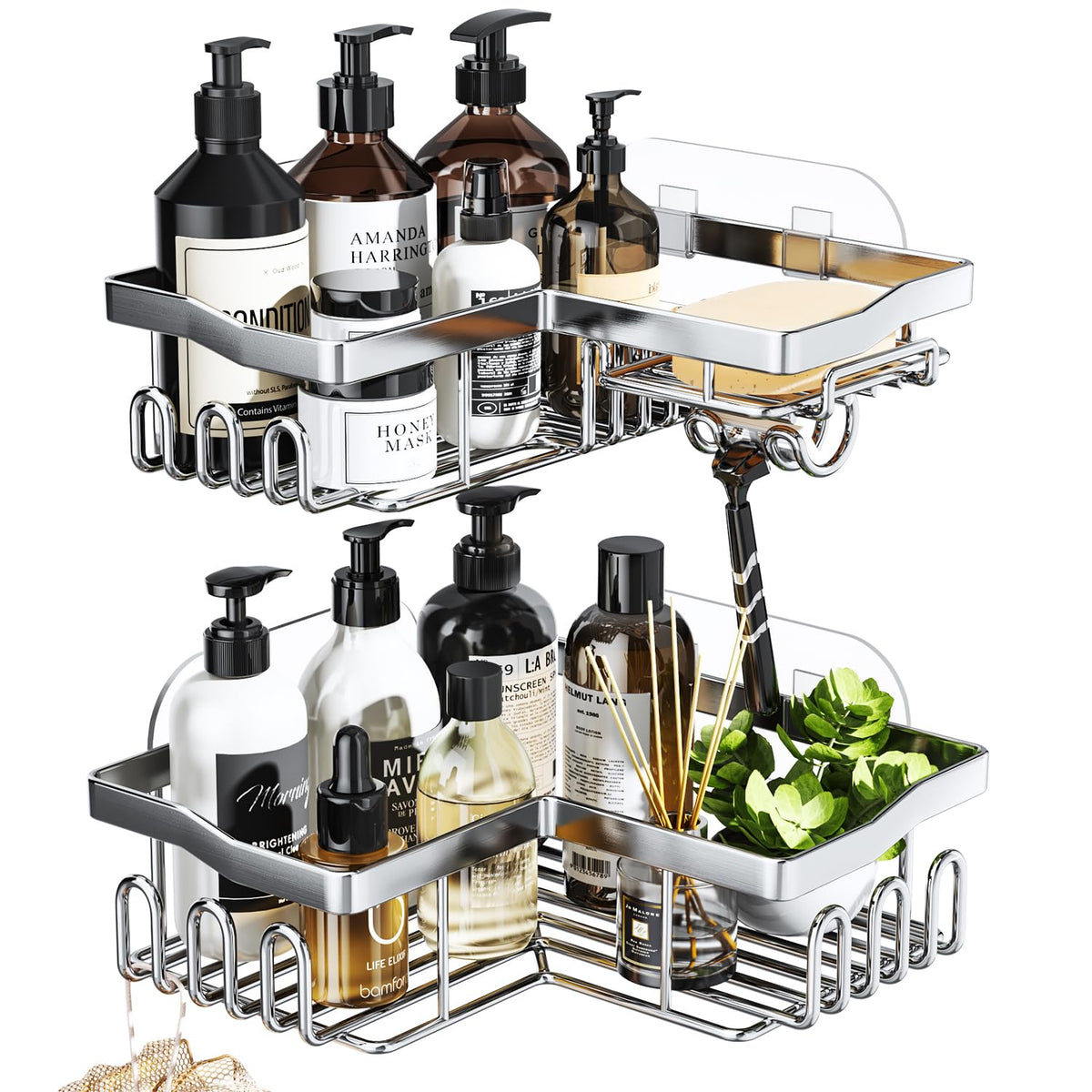 SWTYMIKI Shower Caddy Tension Pole - 4-Tier Corner Shower Organizer Tension Rod with Soap Holder, Toothbrush Holder & 4 Hooks, Adjustable Stainless Steel Bathroom Organizer 27.6 to 108.3 inch, Black