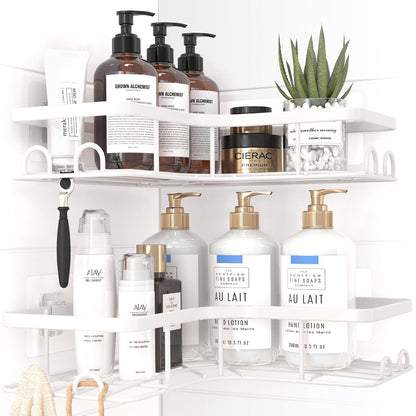 Sakugi Corner Shower Caddy - 2 Pack, Adhesive Shower Organizers, Rustproof Stainless Steel Shower Shelves with 8 Hooks, No Drilling Bathroom Organizers and Storage Racks, Space-Saving, Silver, Medium