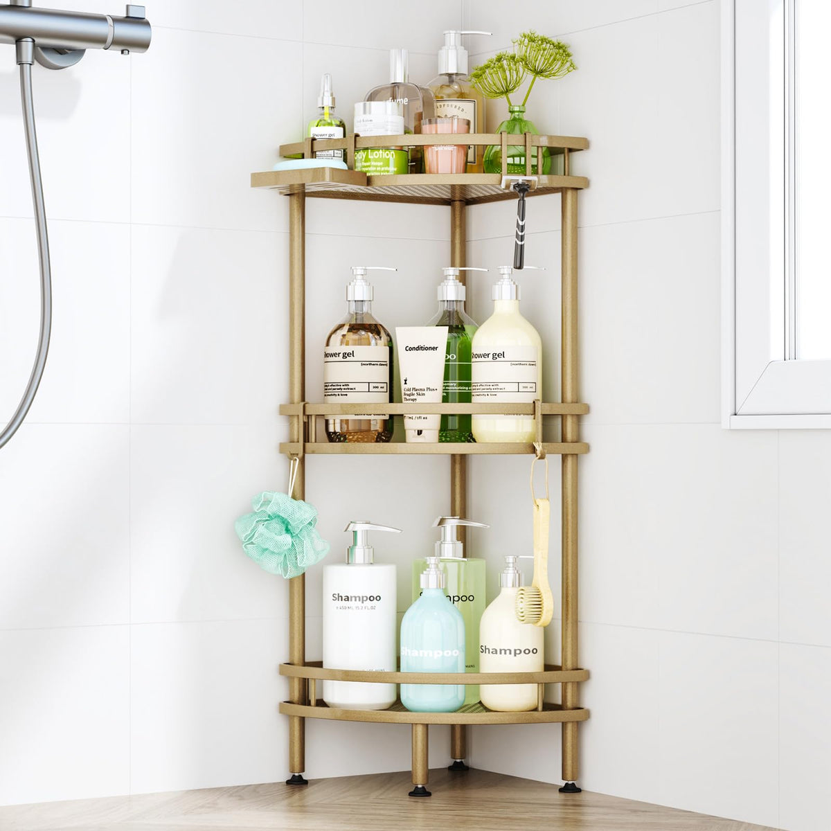 HapiRm Standing Corner Shower Caddy - 3 Tier Shower Organizer Corner with Soap Holder and 4 Hooks, Rustproof Bathroom Storage Shelves with Adhesives, Black
