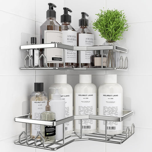 Adhesive Shower Caddy, 2 Pack Corner Bath Organizer, Rustproof Stainless Steel Shower Shelves with Large Capacity, No Drilling Shelves for Bathroom Storage, Home, Kitchen Decor (Silver).