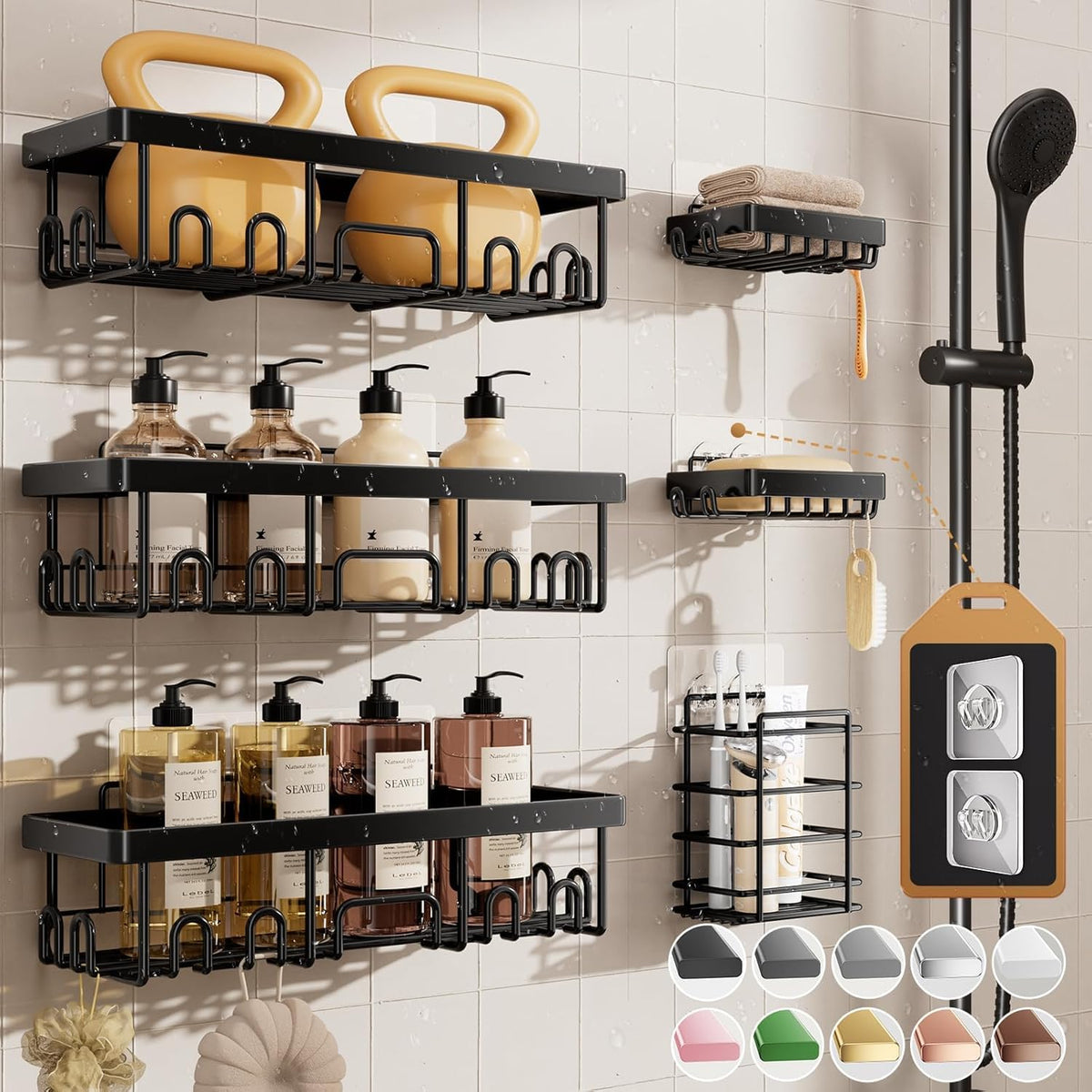 Veken Shower Caddy 3-Pack, Advanced Rustproof Design, No Drilling Adhesive Shelves, Rack with Soap Holder, Large Capacity Bathroom Organizers and Storage, Wall-Mounted Kitchen & Home Decor, Black