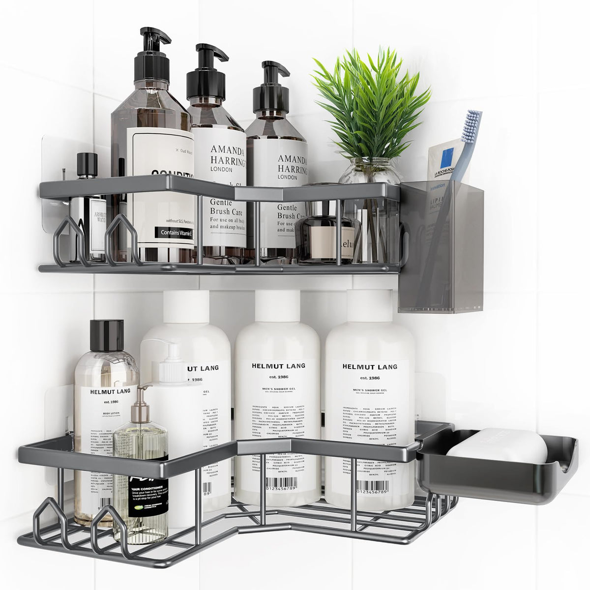 Adhesive Shower Caddy, 2 Pack Corner Bath Organizer, Rustproof Stainless Steel Shower Shelves with Large Capacity, No Drilling Shelves for Bathroom Storage, Home, Kitchen Decor (Silver).