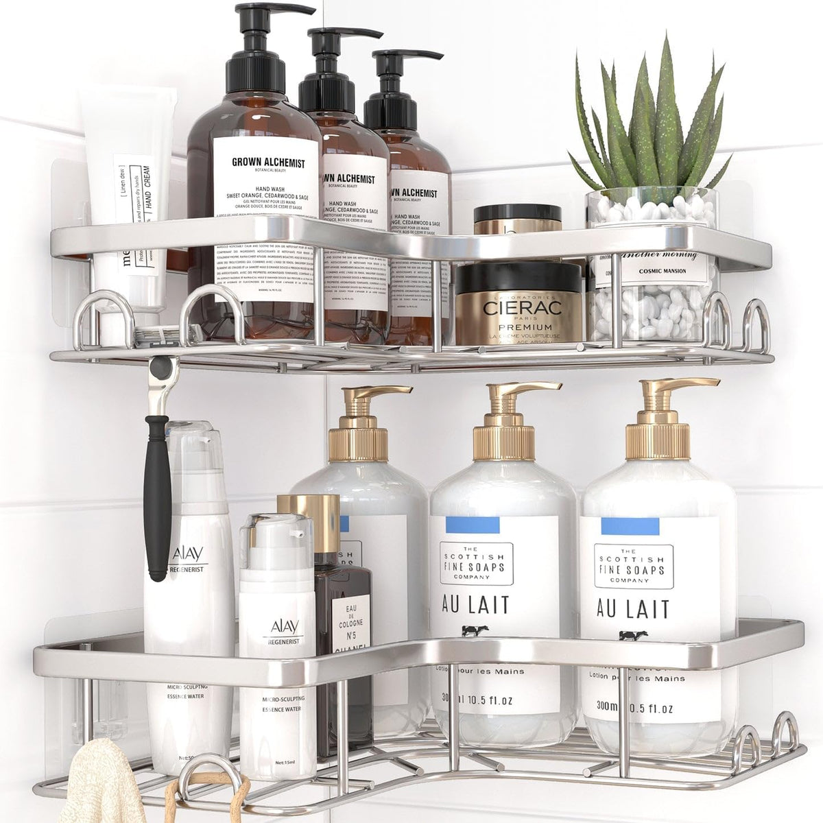 Sakugi Corner Shower Caddy - 2 Pack, Adhesive Shower Organizers, Rustproof Stainless Steel Shower Shelves with 8 Hooks, No Drilling Bathroom Organizers and Storage Racks, Space-Saving, Silver, Medium