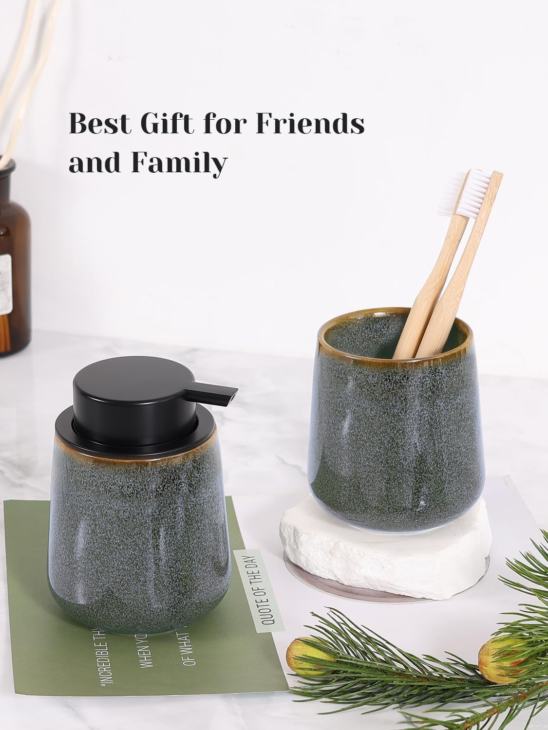 INGOFIN Ceramic Toothbrush Holder Cup, 12 oz Toothpaste Holder for Bathroom Vanity and Countertop, Organizer for Cosmetic, Makeup, Office Pencils, for Hotel Apartment, Kiln-Glazed Blue-Green