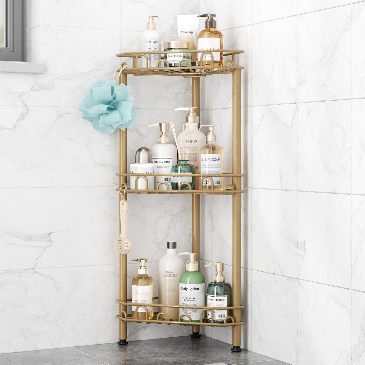 SWTYMIKI Standing Shower Caddy Corner - 3‑Tier Stainless Steel Shower Organizer Shelf with 12 Hooks and Adhesive Pads, Rustproof Corner Shelves Stand Rack for Bathroom Shower Room, Black